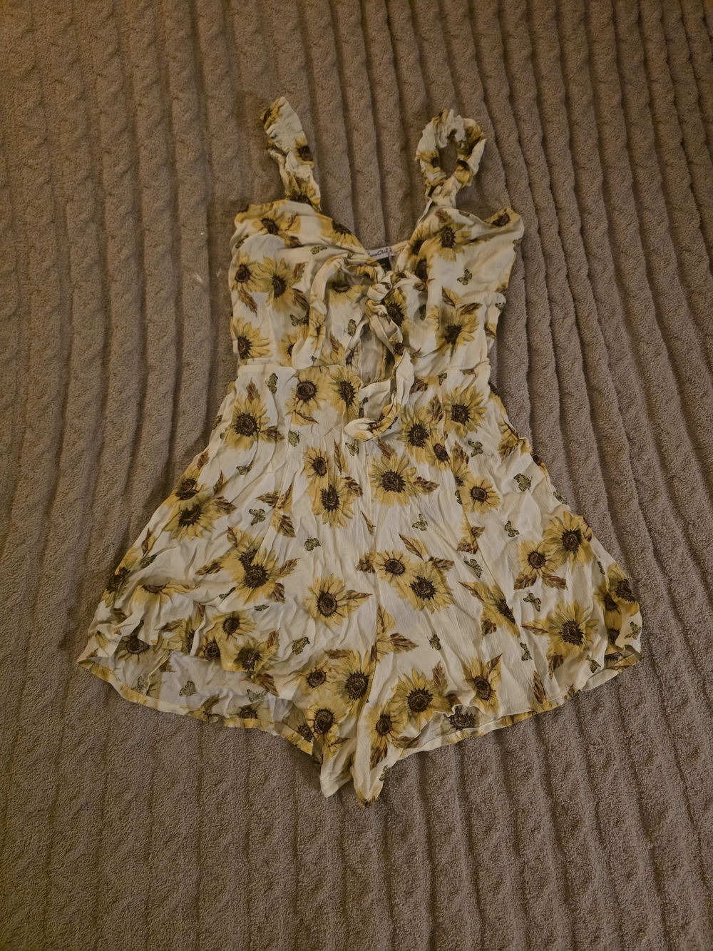 Sunflower Print Tie-Front Romper - White/Yellow